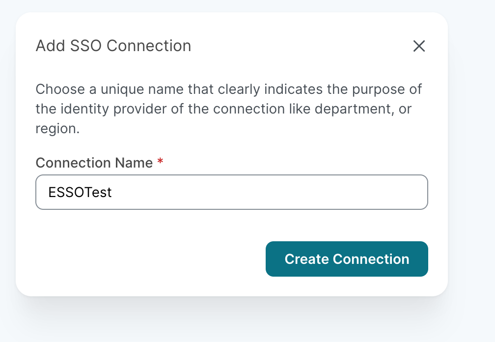 Diálogo Add SSO Connection en el SoSafe Manager, con el campo Connection Name completado como ESSOTest y el botón Create Connection debajo.