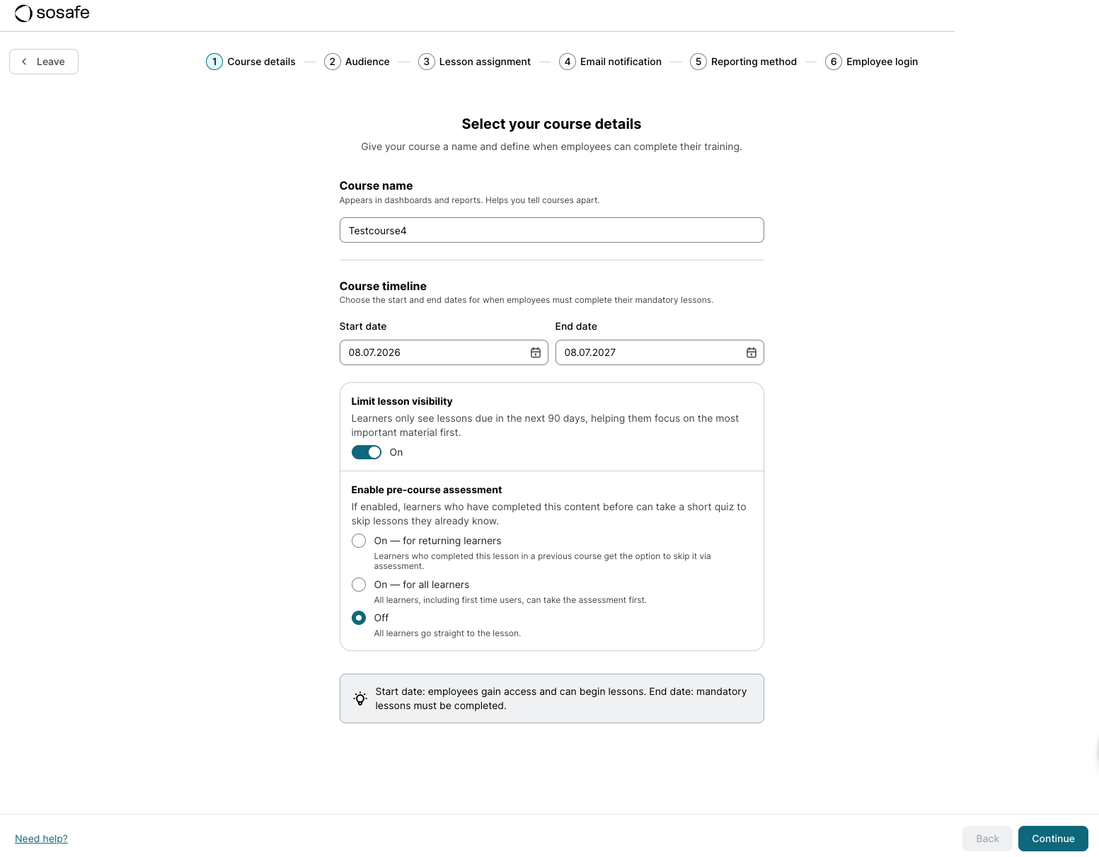 Asistente de configuración de cursos de E-Learning abierto desde la edición de un curso en estado Draft, que muestra el paso 1 Course details con el nombre de curso Testcourse4 ya rellenado, las fechas de inicio y fin, el interruptor Limit lesson visibility activado y la evaluación previa al curso establecida en Off.
