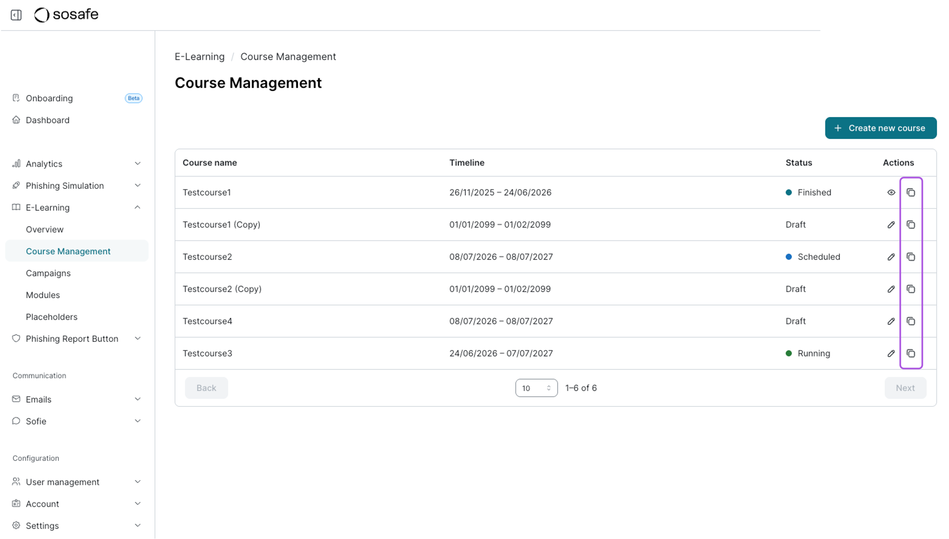 Vista general de Course Management con los iconos de duplicar en la columna Actions resaltados con un contorno morado, que muestra el icono de doble rectángulo utilizado para copiar un curso existente.