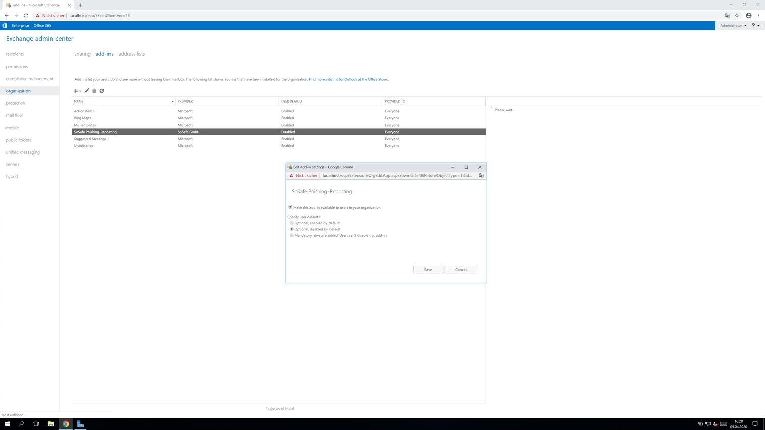 Cuadro de diálogo Edit Add-in settings para SoSafe Phishing-Reporting, con la opción Make this add-in available to users in your organization marcada y Optional, disabled by default seleccionada entre las tres opciones de implementación.