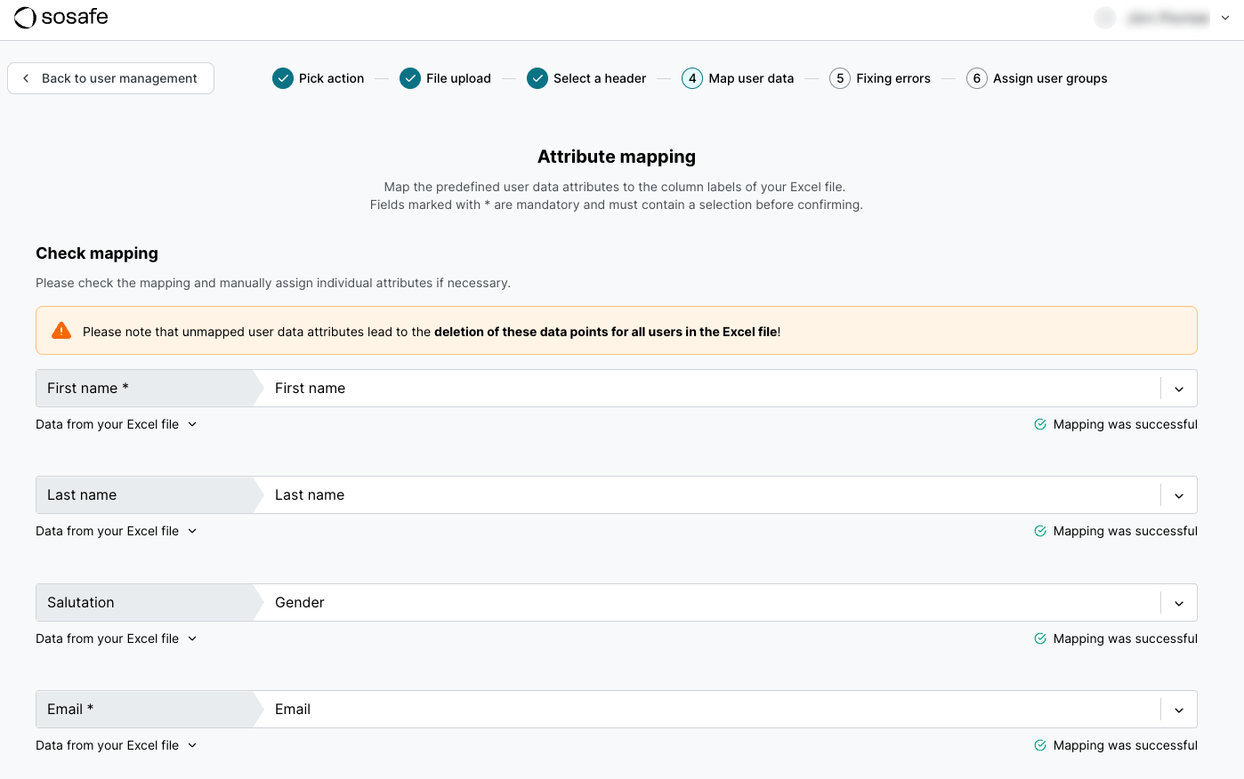 Assistant d'importation du SoSafe Manager à l'étape Mapper les données utilisateurs, affichant les attributs Prénom, Nom, Salutation et E-mail, chacun associé à une colonne du fichier Excel, avec une confirmation de mapping réussi pour chacun.