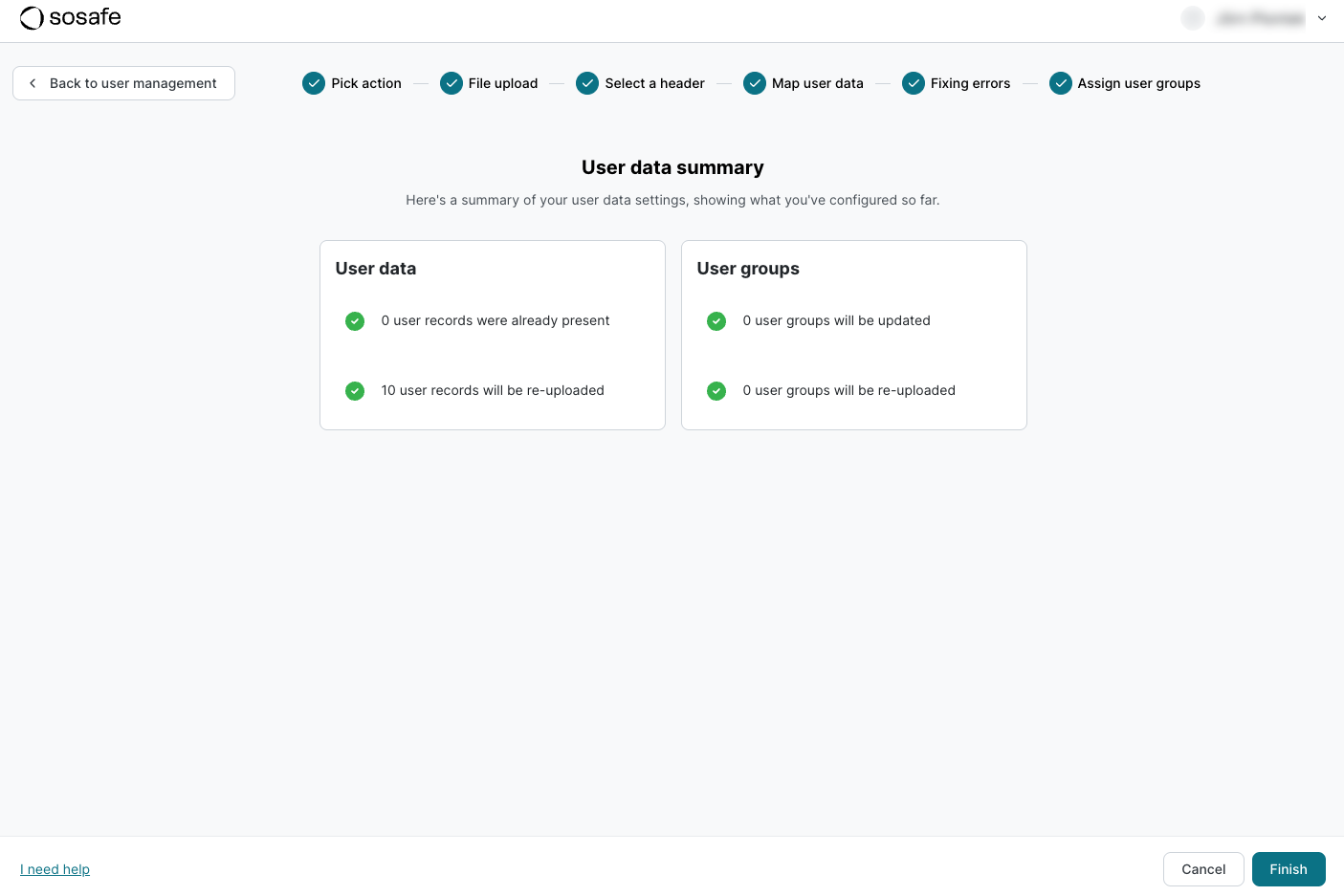 Étape Récapitulatif des données utilisateurs du SoSafe Manager, affichant une carte Données utilisateurs avec dix enregistrements à réimporter et une carte Groupes utilisateur sans groupe concerné, au-dessus d'un bouton Terminer.