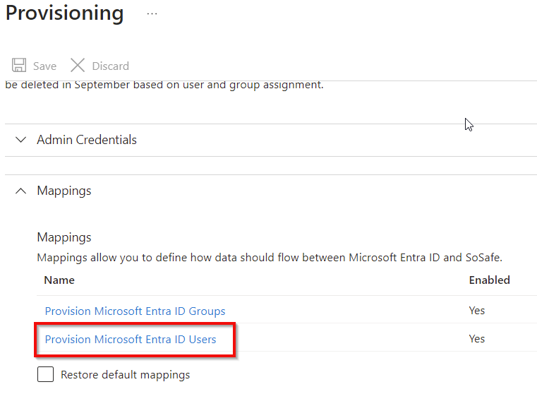 Página de aprovisionamiento de Microsoft Entra ID con la sección Mappings expandida, que muestra Provision Microsoft Entra ID Users marcado en rojo. Provision Microsoft Entra ID Groups también aparece en la lista, ambos habilitados.