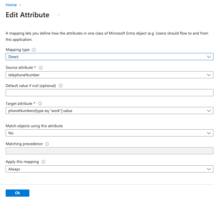 Boîte de dialogue Microsoft Entra Edit Attribute pour l'application customappsso, avec le type de mappage défini sur Direct, l'attribut source telephoneNumber et l'attribut cible phoneNumbers[type eq work].value.