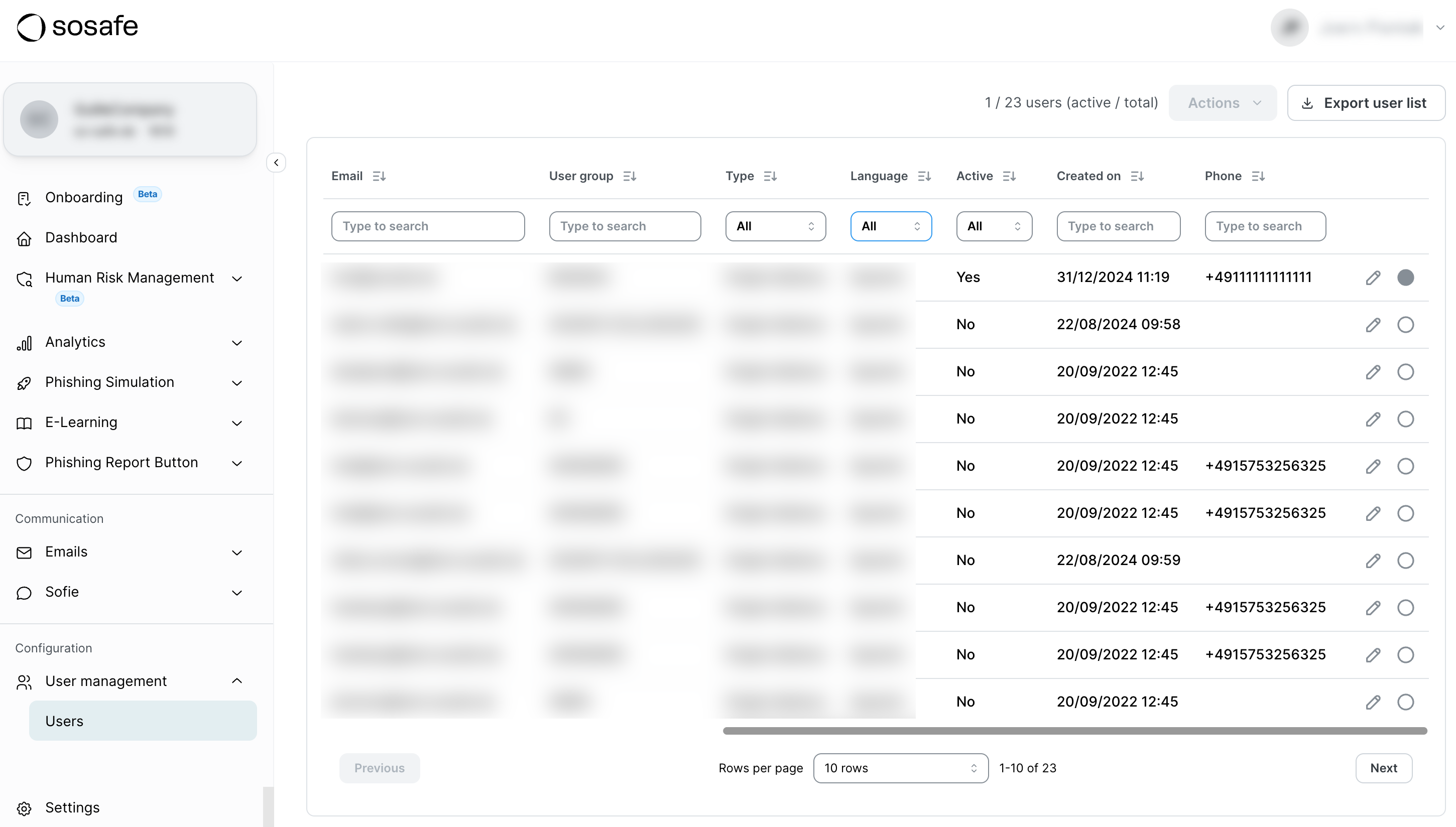 Liste des Utilisateurs dans la Gestion des utilisateurs du SoSafe Manager, avec les colonnes e-mail, groupe utilisateur, type, langue, statut actif, date de création et téléphone, affichant les numéros de téléphone renseignés pour plusieurs utilisateurs après l'Approvisionnement utilisateur SCIM.