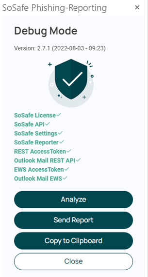 Phishing Report Button-debugmodus venster met controles voor SoSafe License, SoSafe API, SoSafe Settings, SoSafe Reporter, REST AccessToken, Outlook Mail REST API en Outlook Mail EWS, alle geslaagd, met de knoppen Analyze, Send Report en Copy to Clipboard eronder.