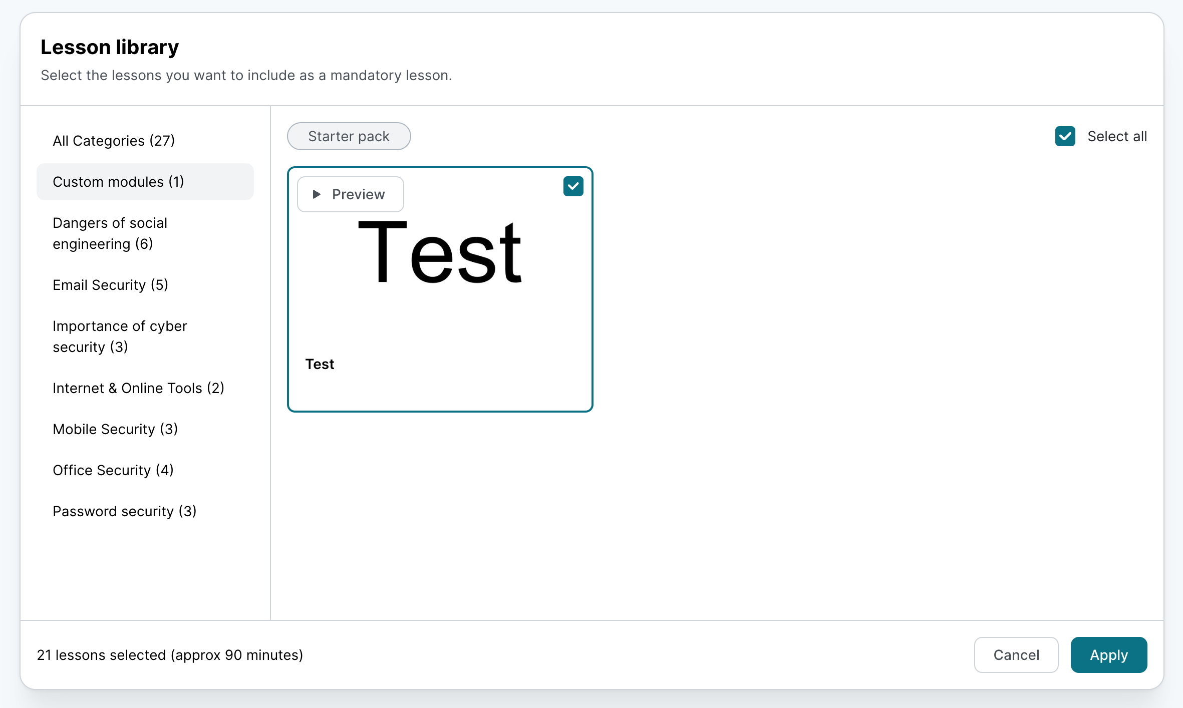 Boîte de dialogue Bibliothèque de leçons dans la Gestion des cours de SoSafe Manager, avec Modules personnalisés sélectionné dans la liste des catégories, affichant une carte de leçon de test cochée, la case Tout sélectionner activée et 21 leçons sélectionnées en bas.