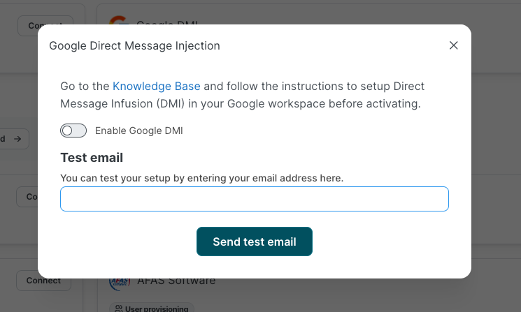 Boîte de dialogue Google Direct Message Injection dans SoSafe Manager avec le bouton bascule Enable Google DMI désactivé, au-dessus d'un champ Test email et du bouton Send test email.