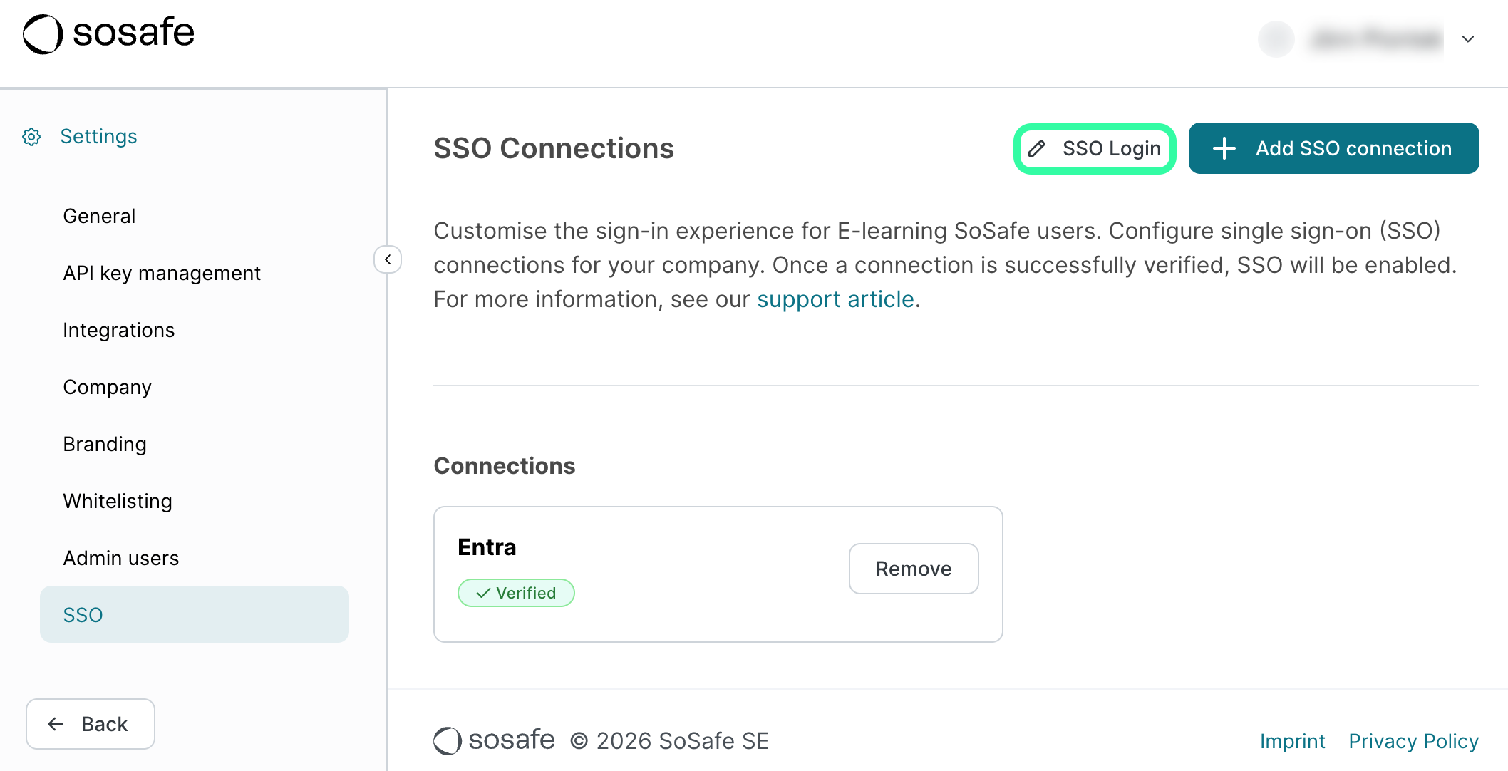 Page Connexions SSO du SoSafe Manager avec le lien SSO Login mis en évidence à côté de Add SSO connection, et la connexion Entra affichée comme Verified en dessous.