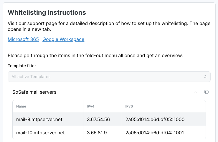 Page de Whitelisting du SoSafe Manager avec son menu déroulant réduit, listant les Serveurs de messagerie SoSafe, les adresses d'expéditeurs d'enveloppes (expéditeurs techniques), la liste des domaines utilisés dans les liens de phishing, la liste des domaines pour la plateforme de formation en ligne et le serveur d'images SoSafe, source des entrées d'adresses IP individuelles ajoutées ensuite.