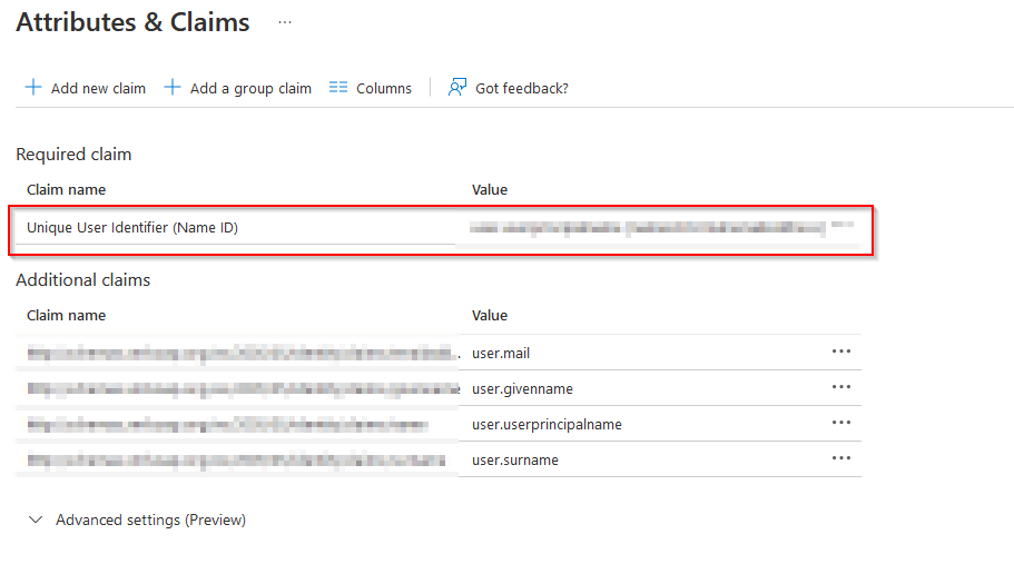 Page de modification de Attributes and Claims de Microsoft Entra ID avec la ligne Unique User Identifier Name ID encadrée en rouge. Les revendications supplémentaires ci-dessous sont mappées sur user.mail, user.givenname, user.userprincipalname et user.surname.