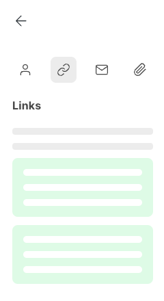 Tabblad Links van de e-maildetailweergave, met pictogrammen voor afzender, links, inhoud en bijlagen bovenaan, en twee gemarkeerde inhoudsblokken eronder.