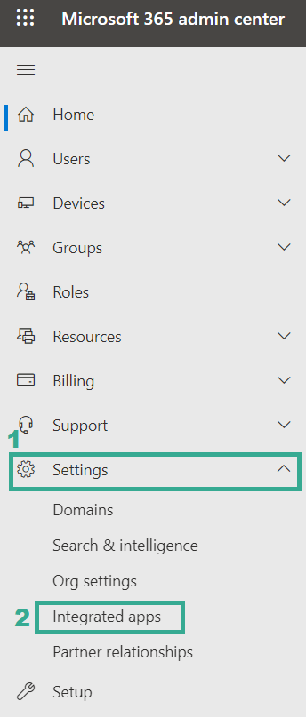 Panel de navegación izquierdo del Microsoft 365 admin center con Settings expandido, marcado como paso 1, e Integrated apps marcado como paso 2, debajo de Domains, Search and intelligence y Org settings.