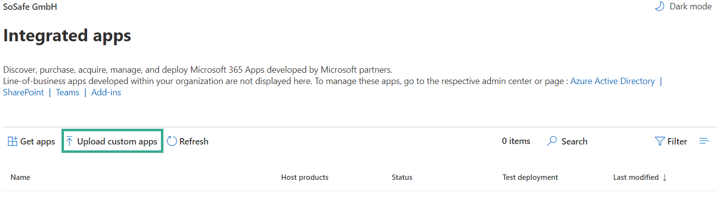 Página de Integrated apps del Microsoft 365 admin center con el botón Upload custom apps resaltado, sobre una lista de aplicaciones vacía.