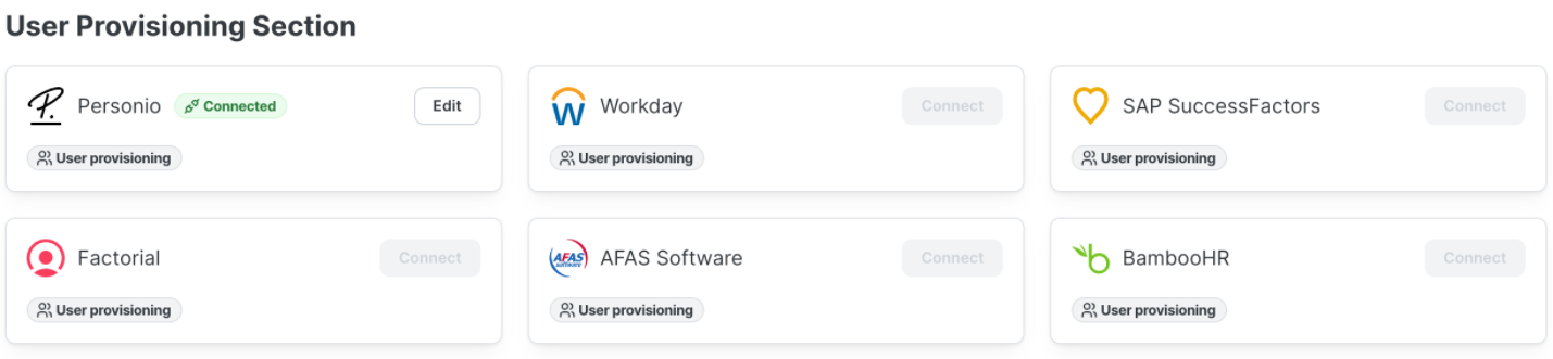 SoSafe User Provisioning-sectie met Personio verbonden en een Edit-knop, terwijl Workday, SAP SuccessFactors, Factorial, AFAS Software en BambooHR beschikbaar maar niet verbonden zijn.