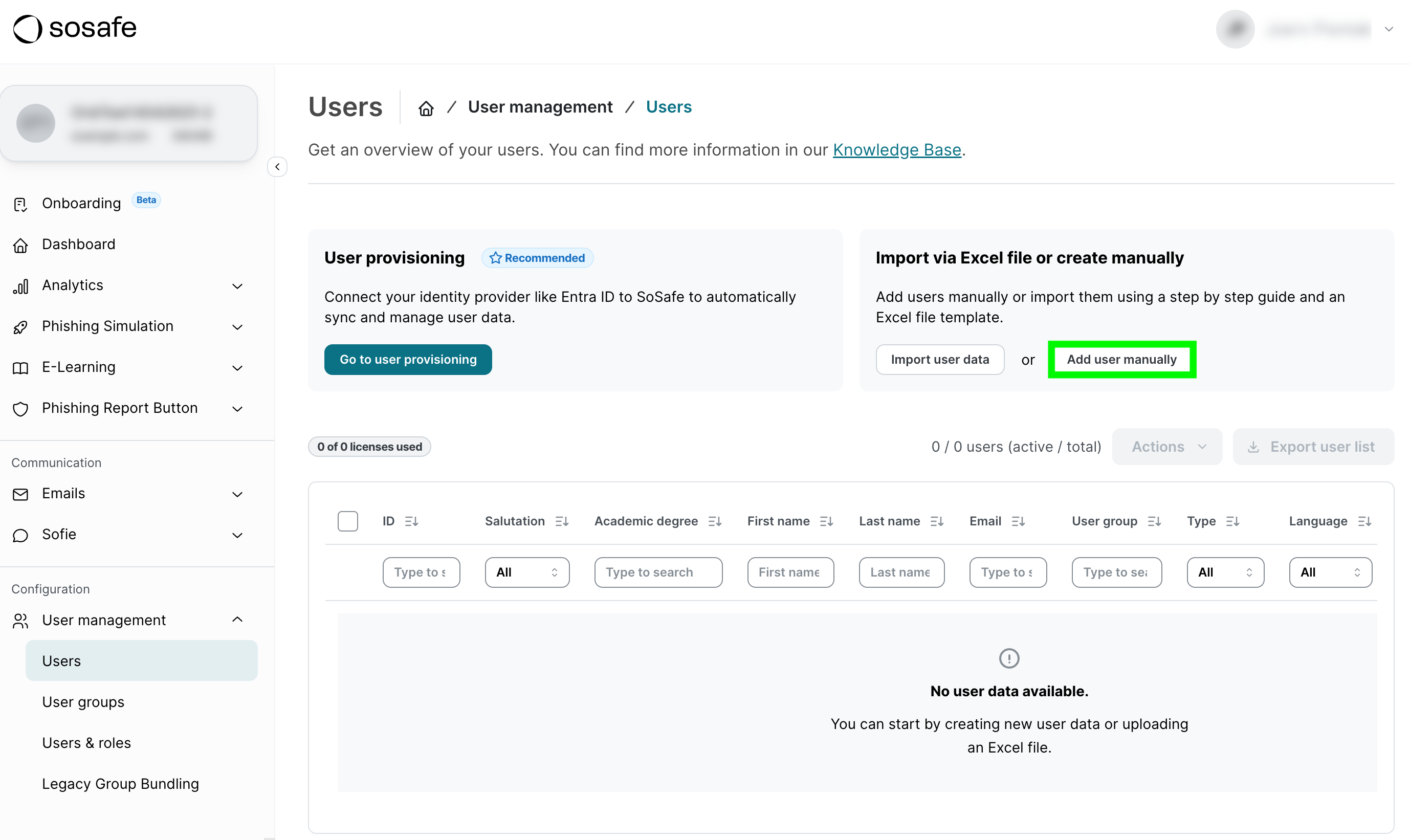 SoSafe Manager Users-pagina met de knop Add user manually gemarkeerd naast Import user data, boven de optie User provisioning en een lege gebruikerstabel.