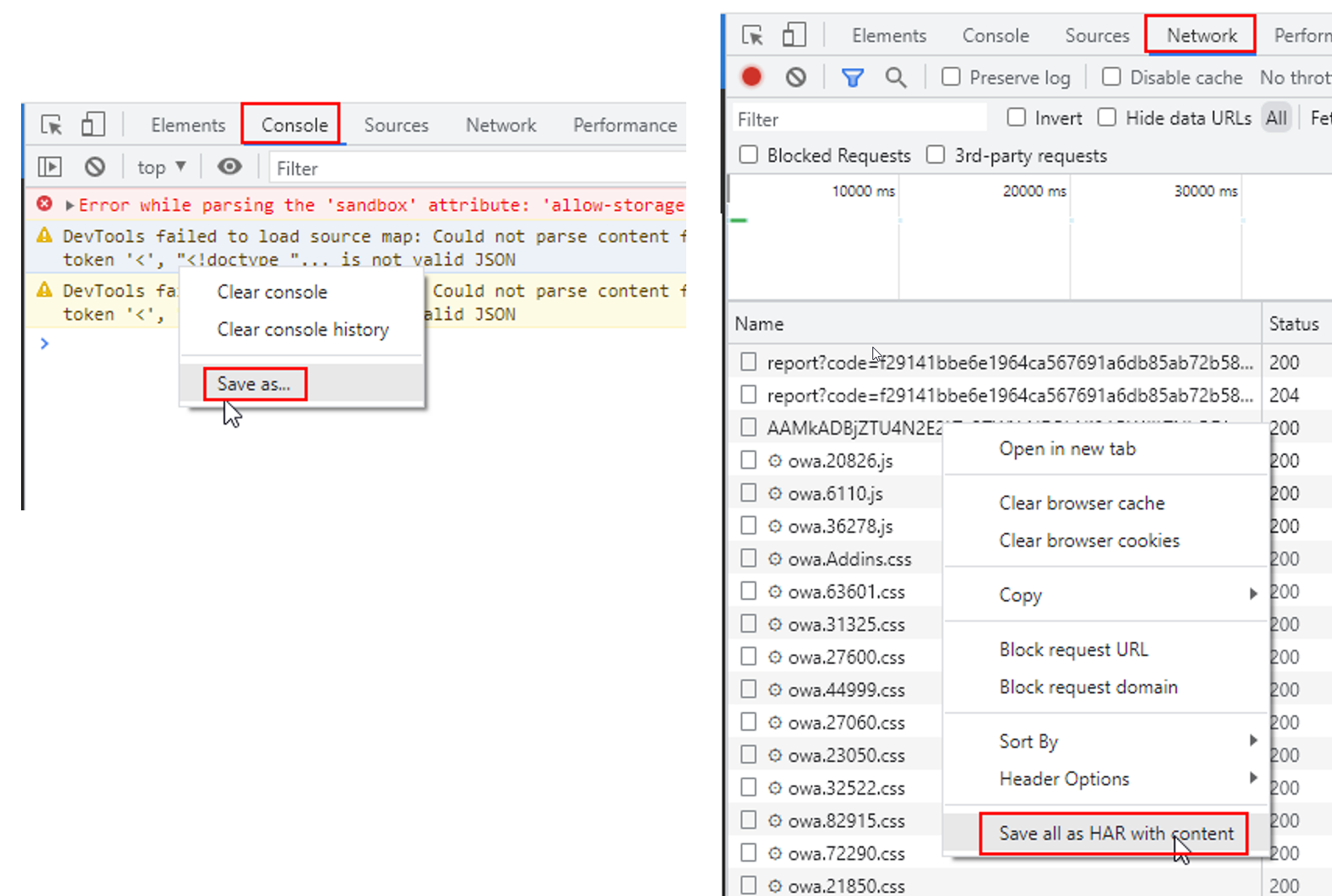 Pestaña Console de Chrome con el menú contextual abierto y Save as resaltado, junto a la pestaña Network con el menú contextual abierto y Save all as HAR with content resaltado.
