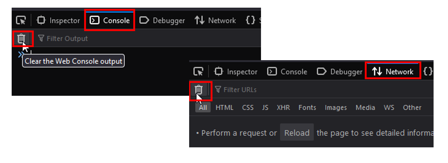 Pestaña Console de Firefox con su icono de limpiar resaltado, junto a la pestaña Network con su propio icono de limpiar resaltado sobre un mensaje para recargar la página y ver detalles.