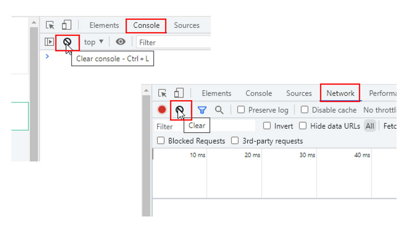 Chrome DevTools met het Console-tabblad en het bijbehorende wispictogram gemarkeerd in één paneel, en het Network-tabblad met het bijbehorende wispictogram gemarkeerd in een tweede paneel eronder.