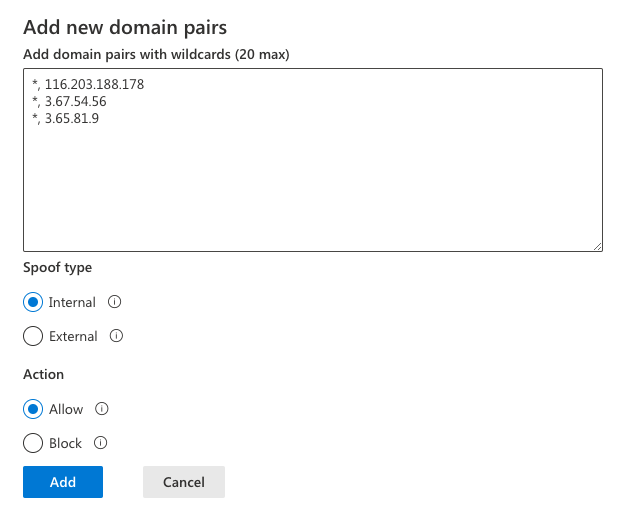 Het dialoogvenster Add new domain pairs in Microsoft Defender, met een invoerveld voor jokertekens met voorbeelddomeinen en IP-paren, Spoof type ingesteld op Internal en Action ingesteld op Allow.