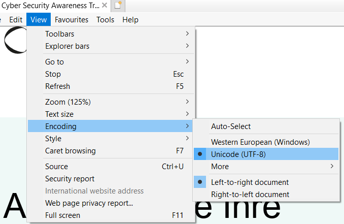 Menú Ver de Internet Explorer con Codificación desplegado y Unicode UTF-8 seleccionado, junto a las opciones Selección automática y Europa occidental (Windows).