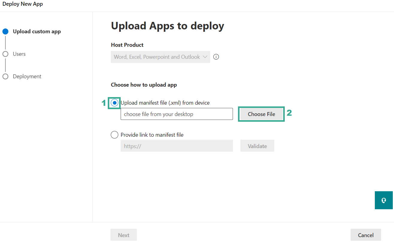 Asistente Deploy New App en el paso Upload Apps to deploy, con Upload manifest file (.xml) from device marcado como paso 1 y el botón Choose File marcado como paso 2, sobre la opción alternativa Provide link to manifest file.