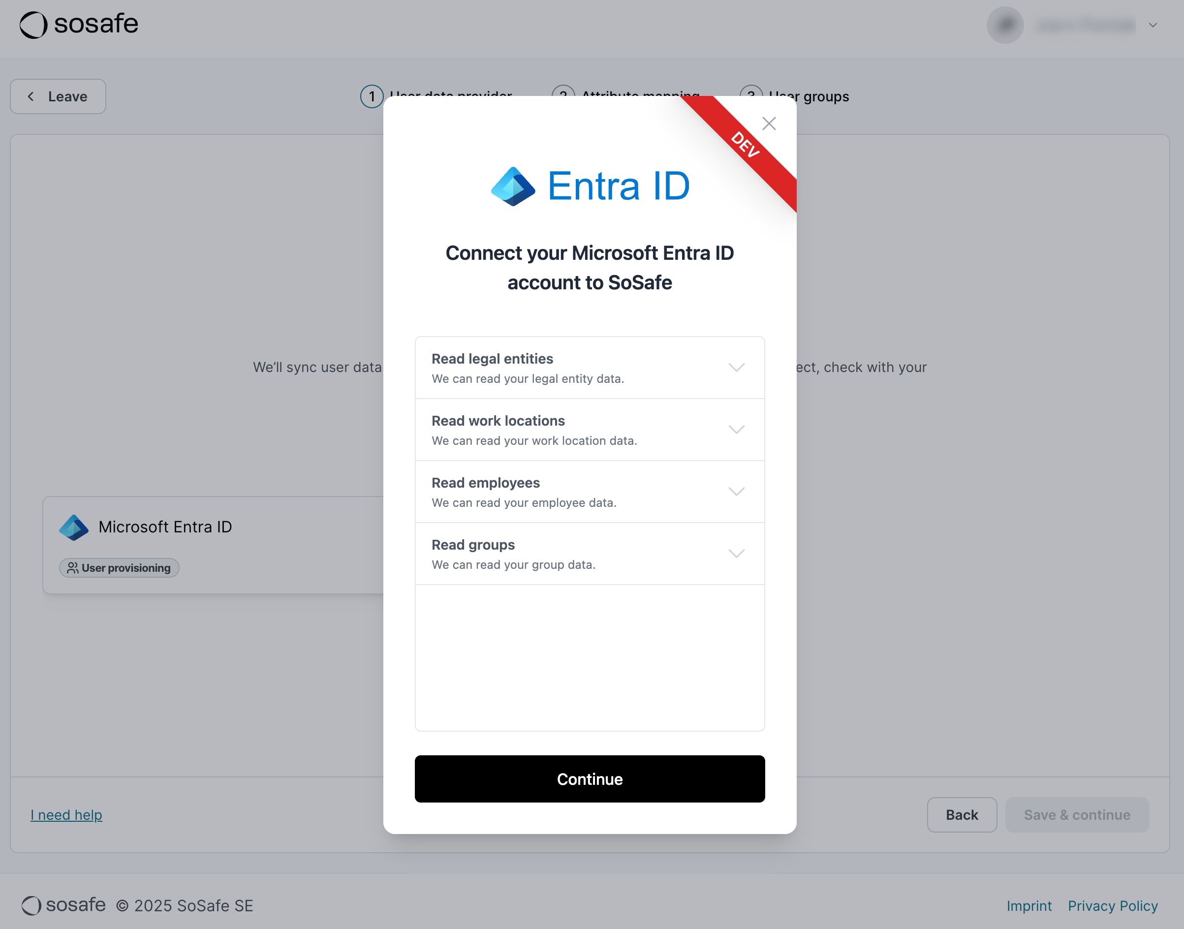 Diálogo Connect your Microsoft Entra ID account to SoSafe, gestionado por Kombo, con una lista de permisos a conceder: Read legal entities, Read work locations, Read employees y Read groups, con un botón Continue.