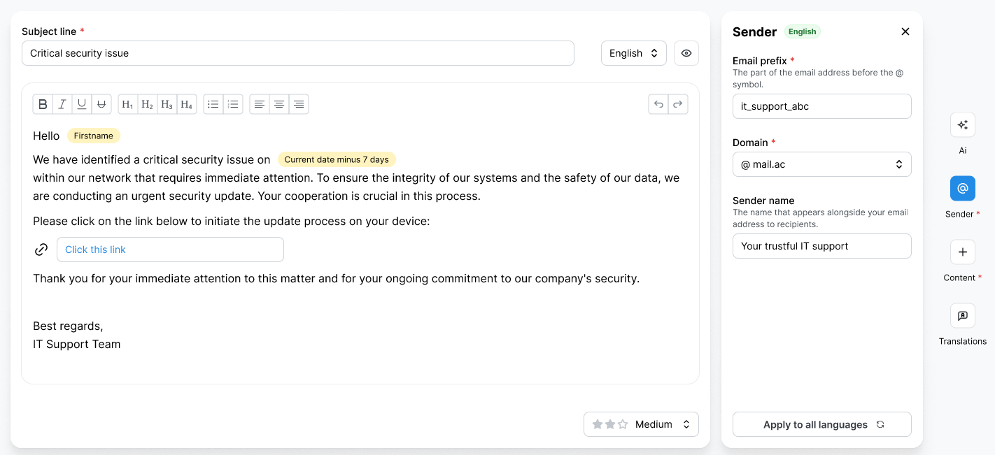 Panel Sender en Template Creator con el correo electrónico generado sobre un problema de seguridad crítico visible a la izquierda, que incluye una etiqueta Firstname y un botón Click this link. Los campos Email prefix, Domain y Sender name están abiertos a la derecha.