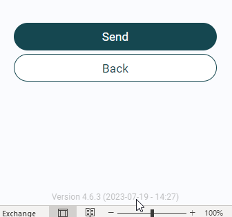 Volet du Bouton d'alerte phishing dans le client de messagerie, affichant les boutons Send et Back au-dessus d'une zone d'aperçu vide, avec le petit numéro de version gris tout en bas de la fenêtre où le curseur est positionné, l'emplacement masqué sur lequel cliquer sept fois pour ouvrir le menu de débogage.
