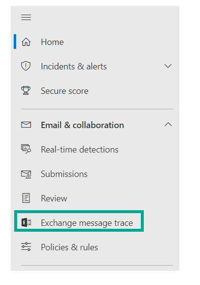 Linkernavigatie van Microsoft 365 Defender met Exchange message trace gemarkeerd, waarmee het Exchange admin center in een nieuw venster wordt geopend. Policies and rules en de overige items onder Email and collaboration staan eronder.