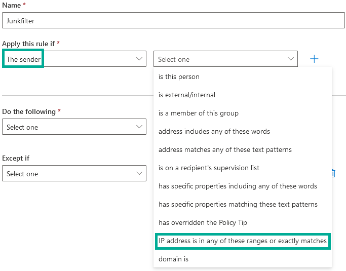 Sectie Apply this rule if voor de Junkfilter-regel, met The sender geselecteerd en de optielijst geopend, met IP address is in any of these ranges or exactly matches gemarkeerd tussen de overige voorwaardekeuzes.
