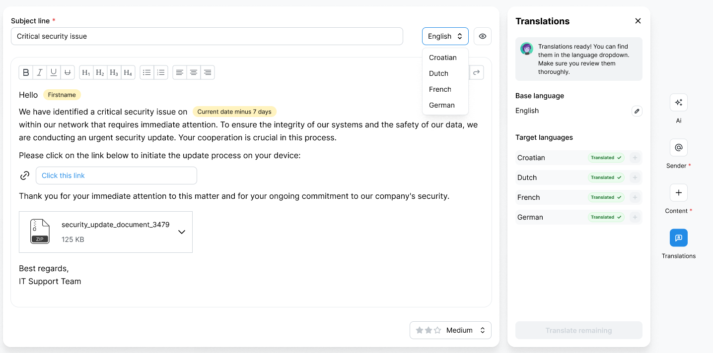 Le même panneau Traductions avec le menu déroulant de langue de la ligne d'objet ouvert, listant le croate, le néerlandais, le français et l'allemand pour prévisualiser chaque version traduite de l'e-mail.