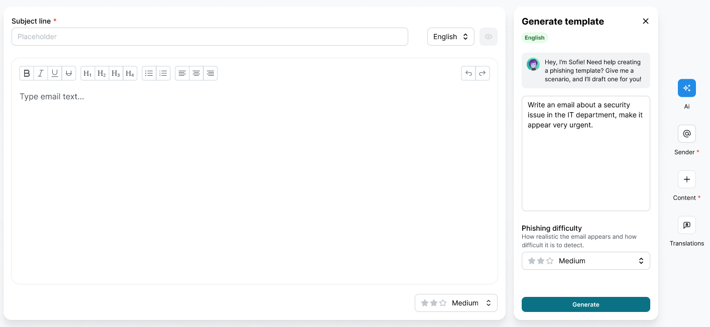 Hetzelfde Template Creator-paneel met een ingevoerde prompt die een urgente IT-beveiligings-e-mail beschrijft, en de knop Generate nu actief onder de selector voor de Phishing difficulty.
