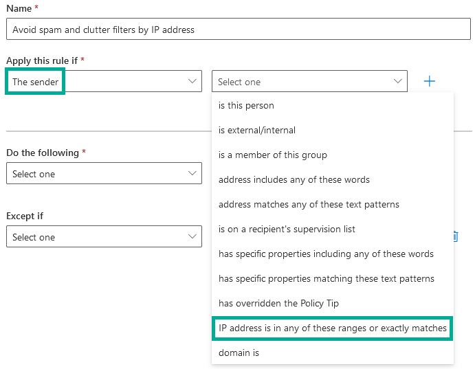 Section « Apply this rule if » avec « The sender » sélectionné et sa liste d'options ouverte, affichant « IP address is in any of these ranges or exactly matches » marqué parmi les choix tels que « is a member of this group » et « address matches any of these text patterns ».
