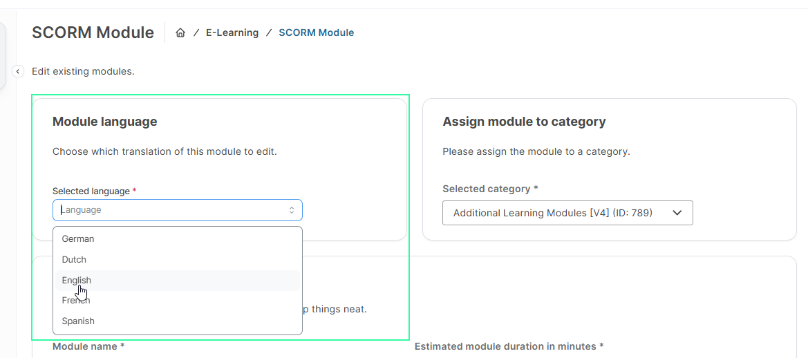 Page de modification du Module SCORM en mode de modification des modules existants, avec la section Langue du module mise en évidence. Le menu déroulant de la langue sélectionnée est ouvert et affiche l'allemand, le néerlandais, l'anglais, le français et l'espagnol, avec l'anglais sur le point d'être sélectionné.
