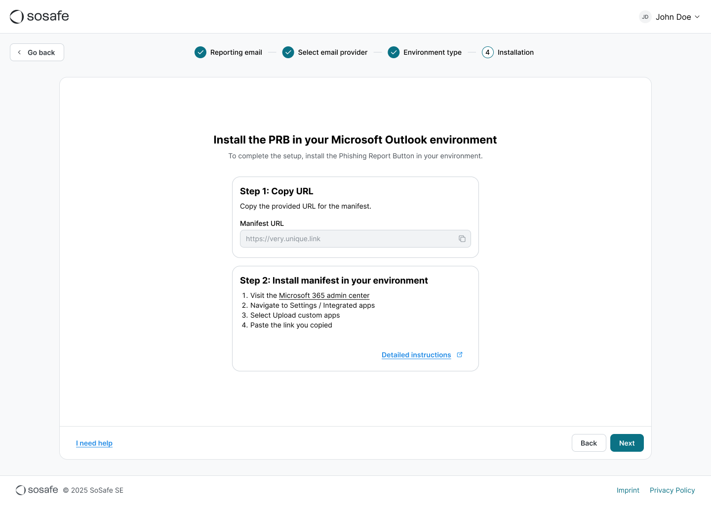 Asistente del Phishing Report Button en el paso de instalación para Microsoft Outlook, con un campo Manifest URL para copiar e instrucciones para cargarlo como aplicación personalizada a través del Microsoft 365 admin center, Integrated apps.