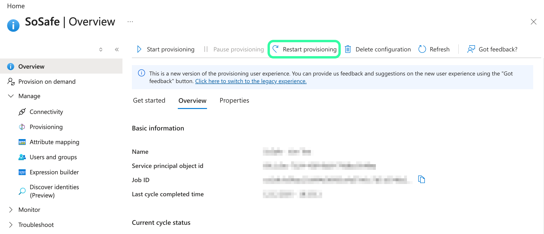 Overzichtspagina van Azure Enterprise Application Provisioning, met Restart provisioning gemarkeerd in de werkbalk naast Start provisioning, Pause provisioning en Delete configuration, boven de sectie Basic information.