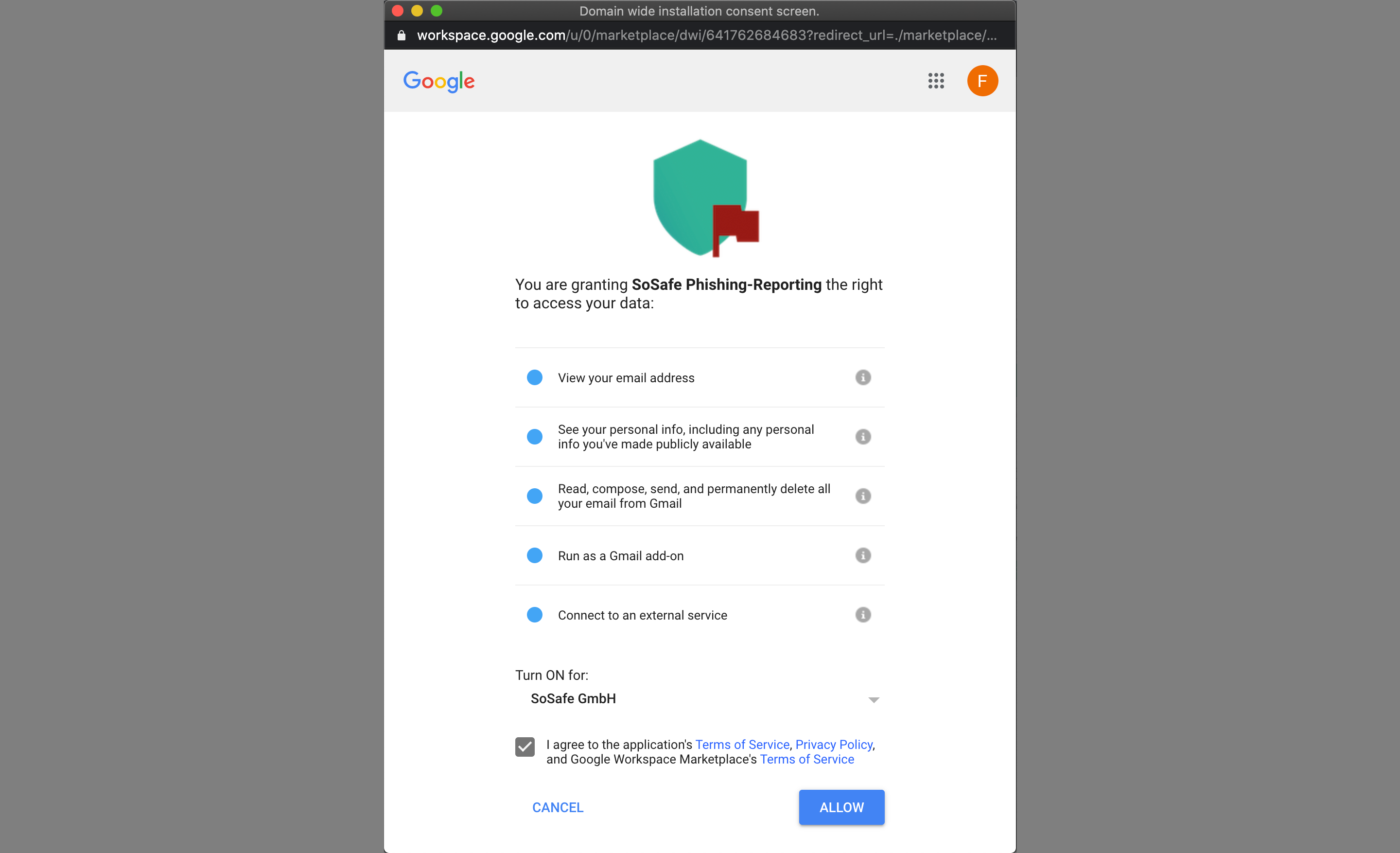 Écran de consentement Google Workspace pour SoSafe Phishing-Reporting, listant les autorisations telles que la lecture et l'envoi de Gmail, l'exécution en tant que complément Gmail et la connexion à un service externe, avec la case des conditions cochée au-dessus du bouton Autoriser.