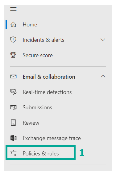 Menú de navegación izquierdo de Microsoft 365 Defender con "Policies and rules" marcado como 1. La sección Email and collaboration también incluye Real-time detections, Submissions, Review y Exchange message trace.
