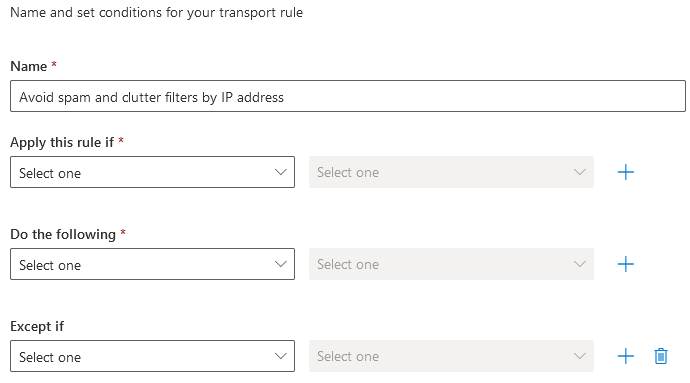 Diálogo de nueva regla de transporte con el campo Name rellenado como Avoid spam and clutter filters by IP address, encima de los desplegables vacíos Apply this rule if, Do the following y Except if.