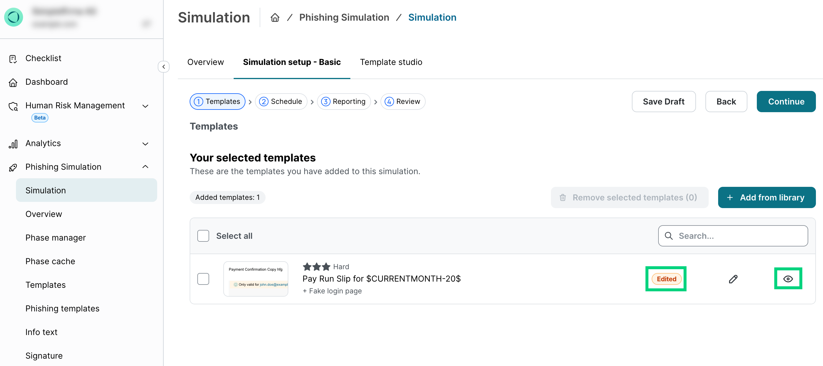 Paso Templates de la configuración de Simulation con la etiqueta Edited y el icono de vista previa Eye resaltados junto a la fila de la plantilla Pay Run Slip for $CURRENTMONTH-20$.