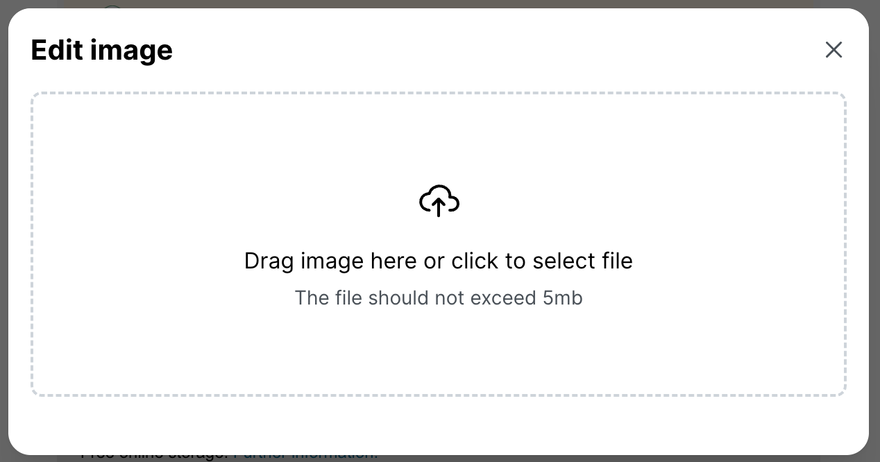 Fenêtre de dialogue de modification d'image pour un élément de modèle, avec une zone de téléchargement vide permettant de faire glisser une image ou de cliquer pour sélectionner un fichier, indiquant une limite de taille de fichier de 5 mégaoctets.