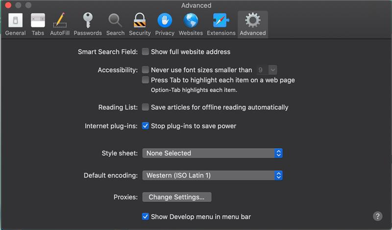 Safari Advanced-voorkeuren met het vakje Show Develop menu in menu bar aangevinkt onderaan, onder Internet plug-ins en Style sheet-opties.