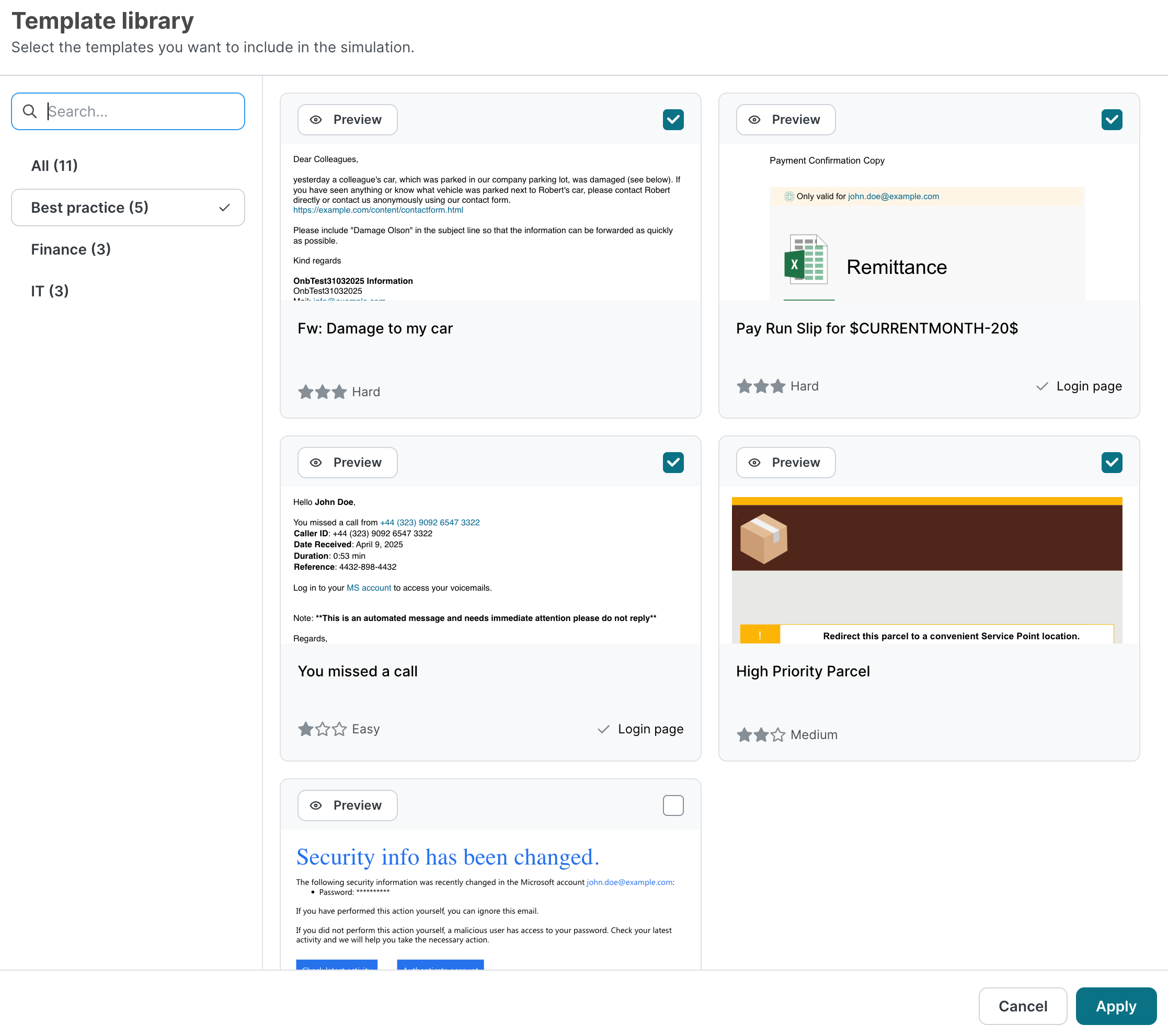 Boîte de dialogue de la bibliothèque de modèles pour sélectionner des modèles de simulation, filtrée par catégorie telle que Bonne pratique, Finance et IT, avec des aperçus de modèles et des cases à cocher pour les ajouter ou les retirer de la simulation, ainsi qu'un bouton Appliquer.