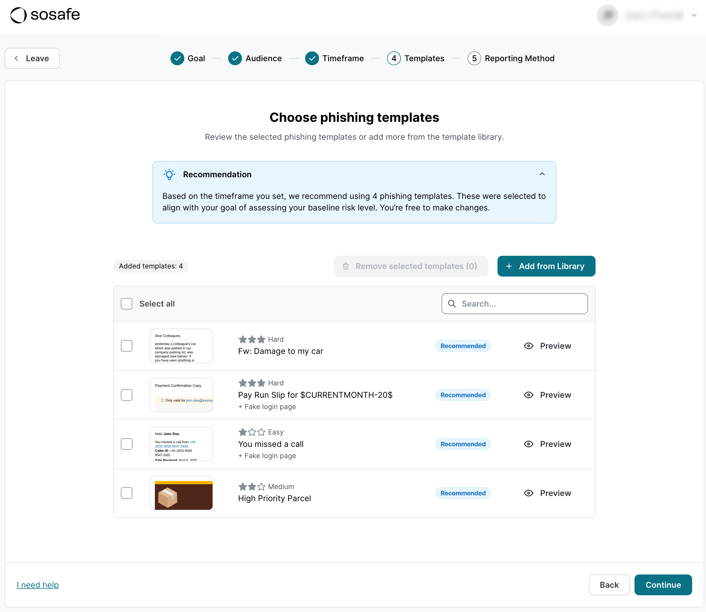 Configuration de la Simulation de phishing, étape Modèles, Choisir les modèles de phishing, avec une recommandation d'utiliser quatre modèles. La liste affiche des étoiles de difficulté, un tag Recommandé et des liens Aperçu pour chaque modèle, au-dessus de Ajouter depuis la bibliothèque.