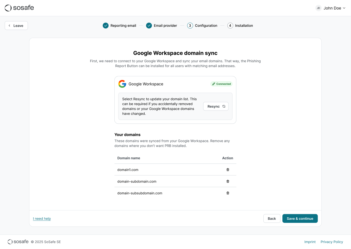 Même étape de synchronisation de domaine Google Workspace, désormais connectée, listant des exemples de domaines avec des icônes de suppression pour retirer ceux qui ne doivent pas utiliser le PRB, et un bouton Enregistrer et continuer actif.