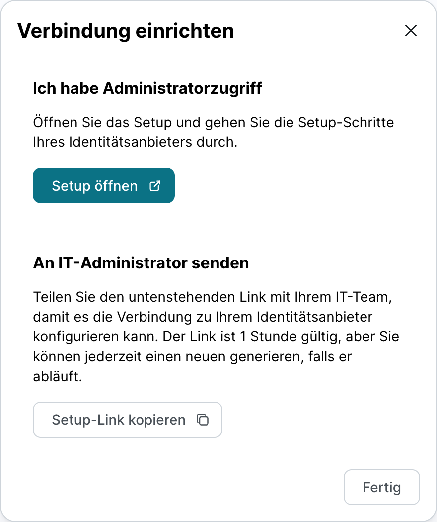 Dialog Verbindung einrichten im SoSafe Manager. Oben grüner Button Set öffnen wenn der Nutzer Administratorzugriff hat. Alternativ grauer Button Setup-Link kopieren.