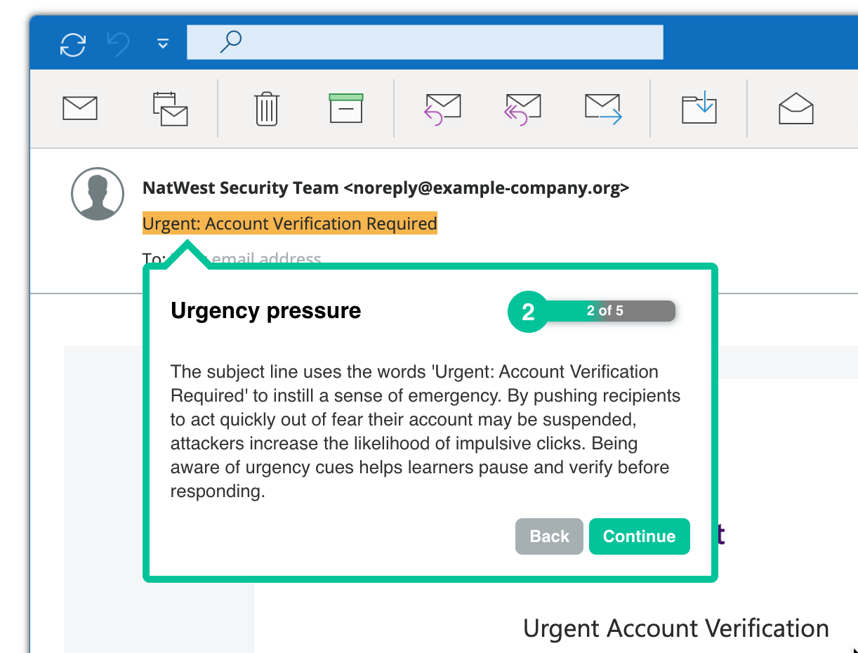 An example learning hint. The template's subject line is highlighted and text is shown that explains how urgency is created to trick the recipient.