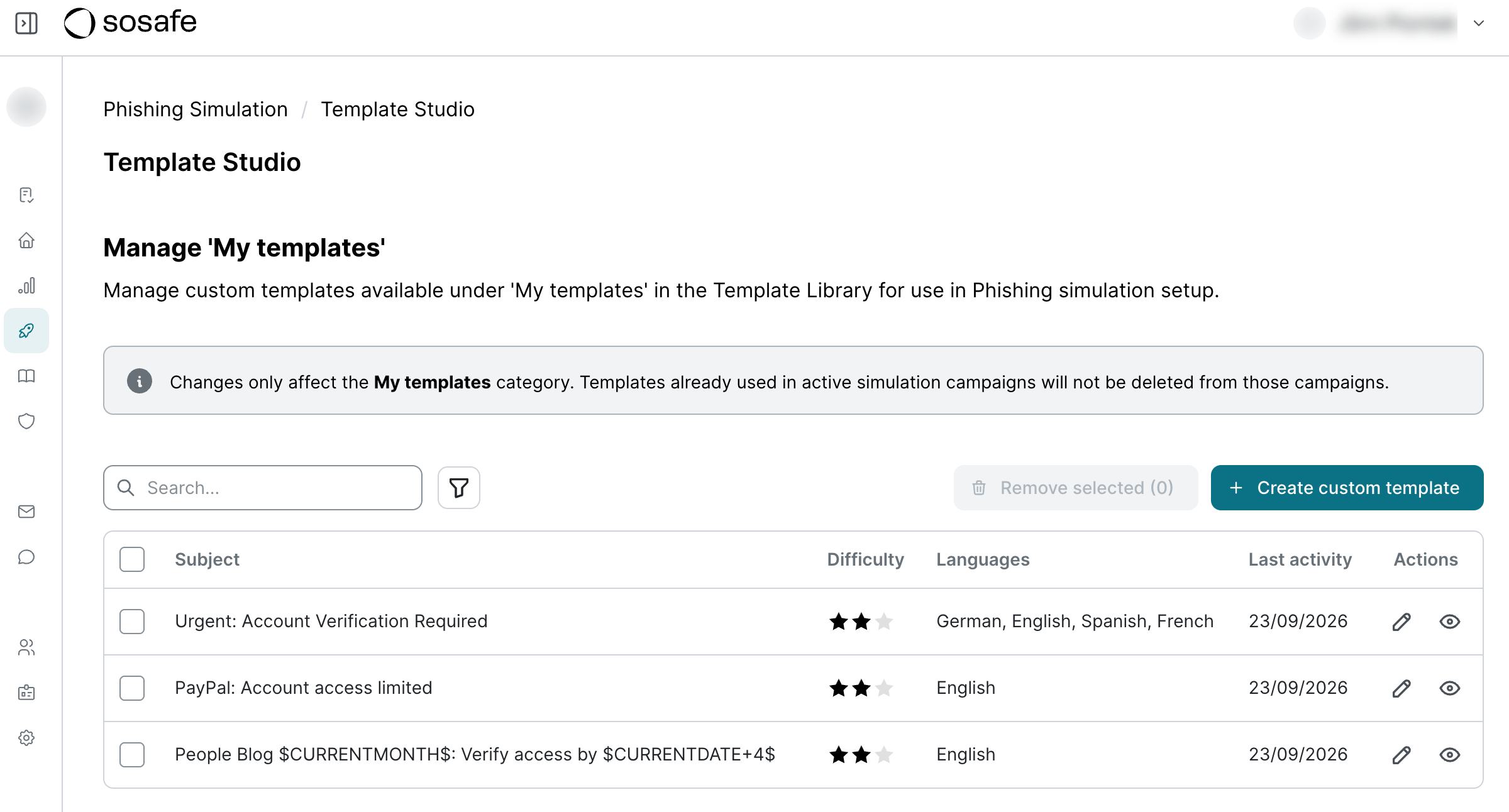 SoSafe Manager affichant la vue d'ensemble des modèles de Template Studio
