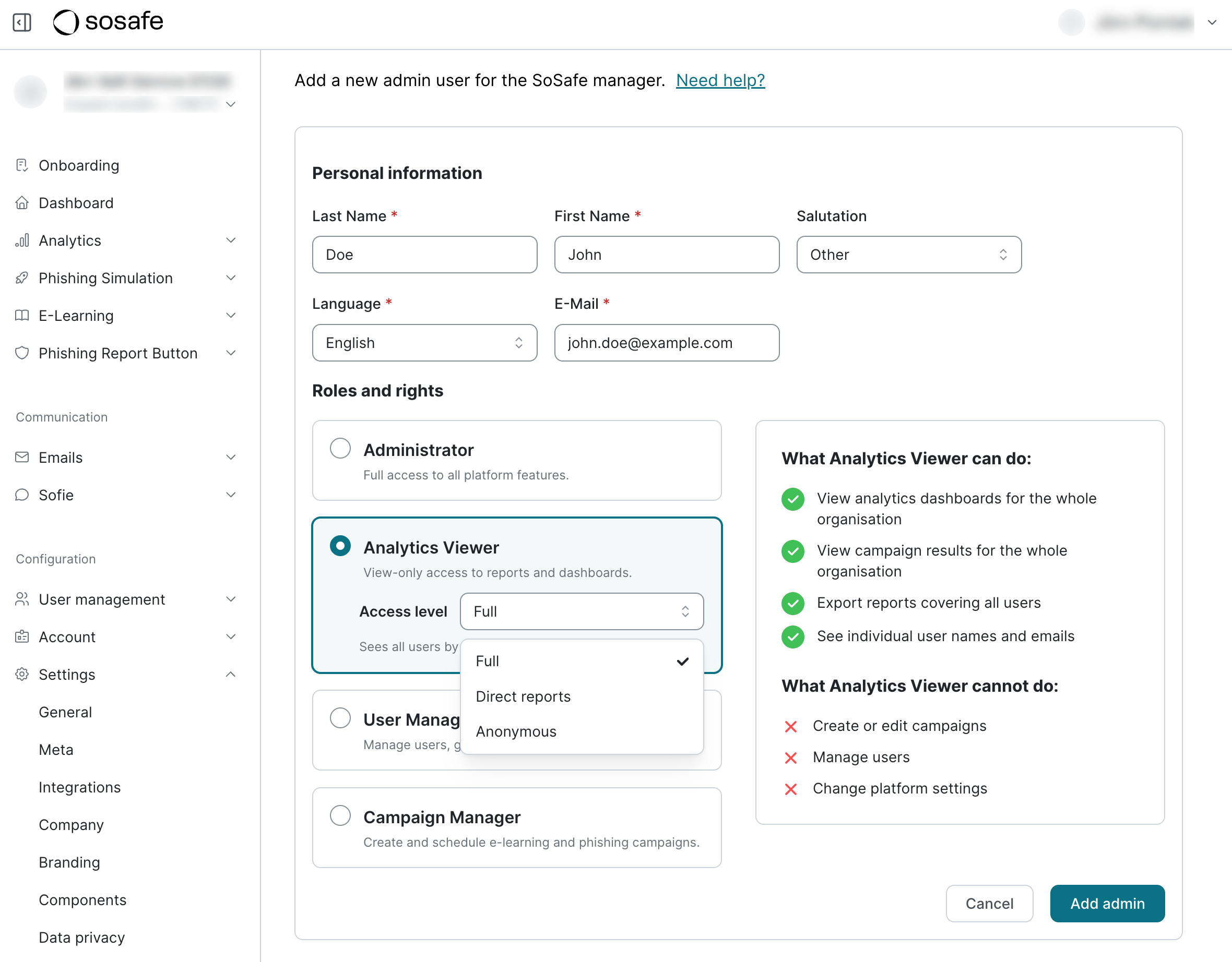Capture d'écran SoSafe Manager Ajouter un utilisateur administrateur. Affiche les champs de saisie des informations personnelles et les quatre cartes de rôle, avec Analytics Viewer sélectionné et une liste déroulante présentant les options Complet, Collaborateurs directs et Anonyme.